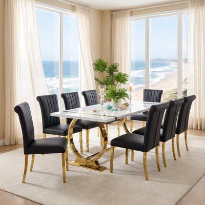 AUZ 9-Pieces Wood Dining Table Sets with 8 Faux Leather Dining Chairs