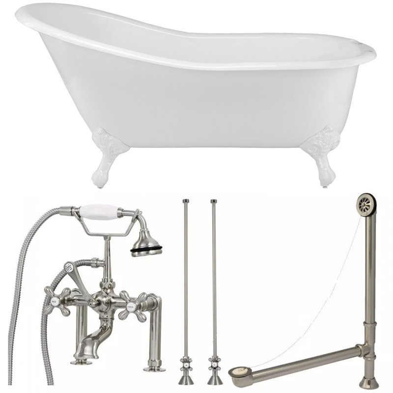 Baignoire de trempage autoportante en fonte 67 po x 30 po avec robinet, Chrome, Blanc