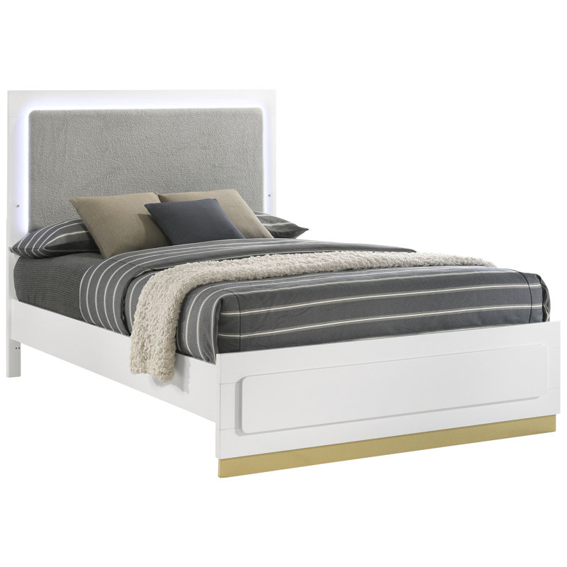 Très grand lit à panneau de style contemporain en bois noir, tête de lit haute et bande à DEL pour décor de chambre à coucher avec tête de lit, revêtement gris