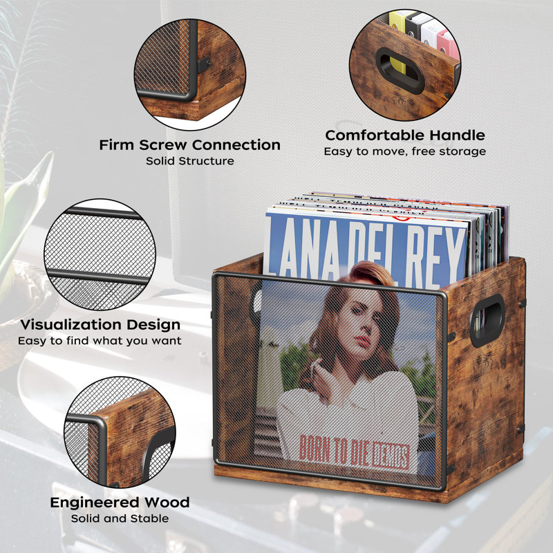  Wooden & Metal Record Crate - Vinyl Album Holder & Organizer, Holds Up to 60 Records