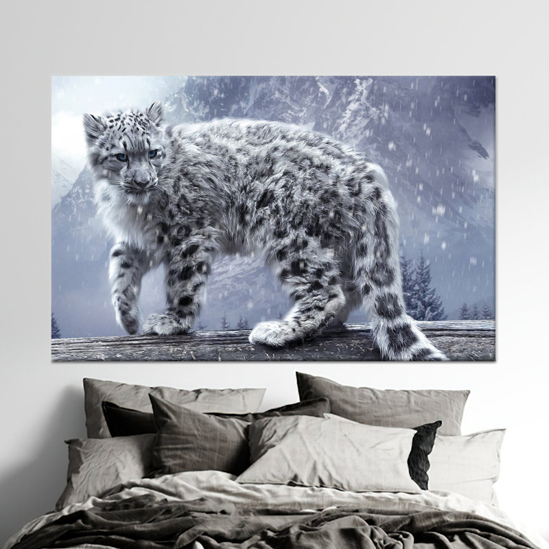 Impression sur toile léopard des neiges: décoration murale animaux d'hiver, 1P, 47,3 po H x 102,4 po l