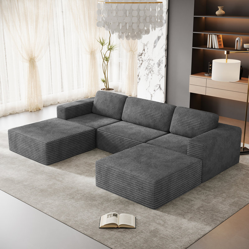 Modular Corduroy 303cm 3-seater Sofa With 2 Ottomans, No Assembly Required, With High Rebound Sponge, Grey