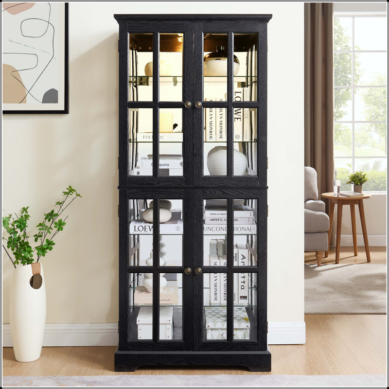 Vitrine antique avec portes en verre et tablettes réglables - noir, Noir