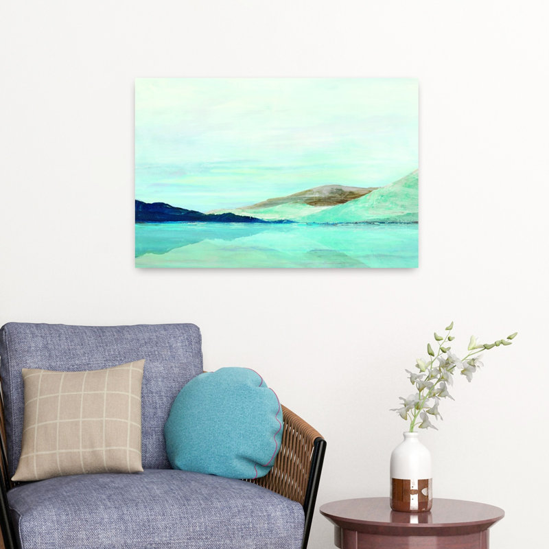 «Tranquil Waters and Distant Hills», art mural abstrait côtier, H 16 po x l 24 po