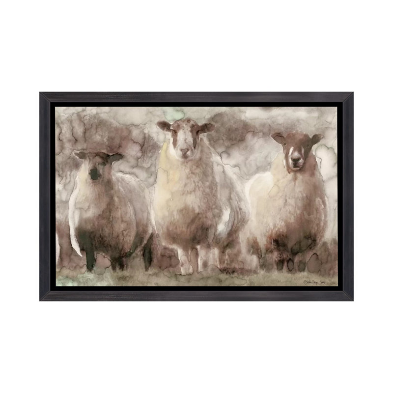 Trois moutons - reproduction d'art, H 26 po x l 40 po x 1,5 po, Toile avec cadre noir patiné