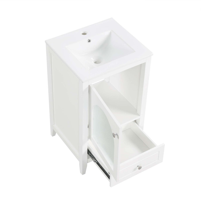 Meuble-lavabo de 20 po avec lavabo, armoire de salle de bain avec porte en verre à fermeture douce, tiroir, Blanc