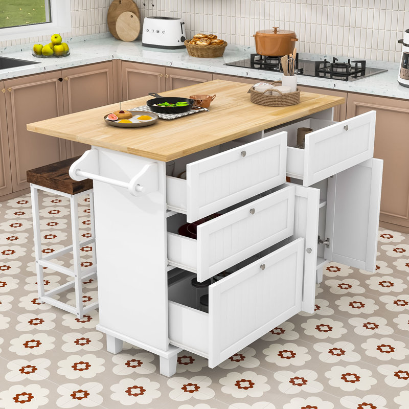 Adda Rustic Storage Kitchen Island Set with Expandable Drop-Leaf Tabletop and 2 Stools, White