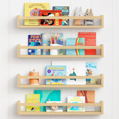 Natural Wood Floating Bookshelves For Wall, 24 Inches Long Nursery Bookcase For Kids Room, Bedroom, Playroom Organizer, Wall Mounted Shelf Set Of 4