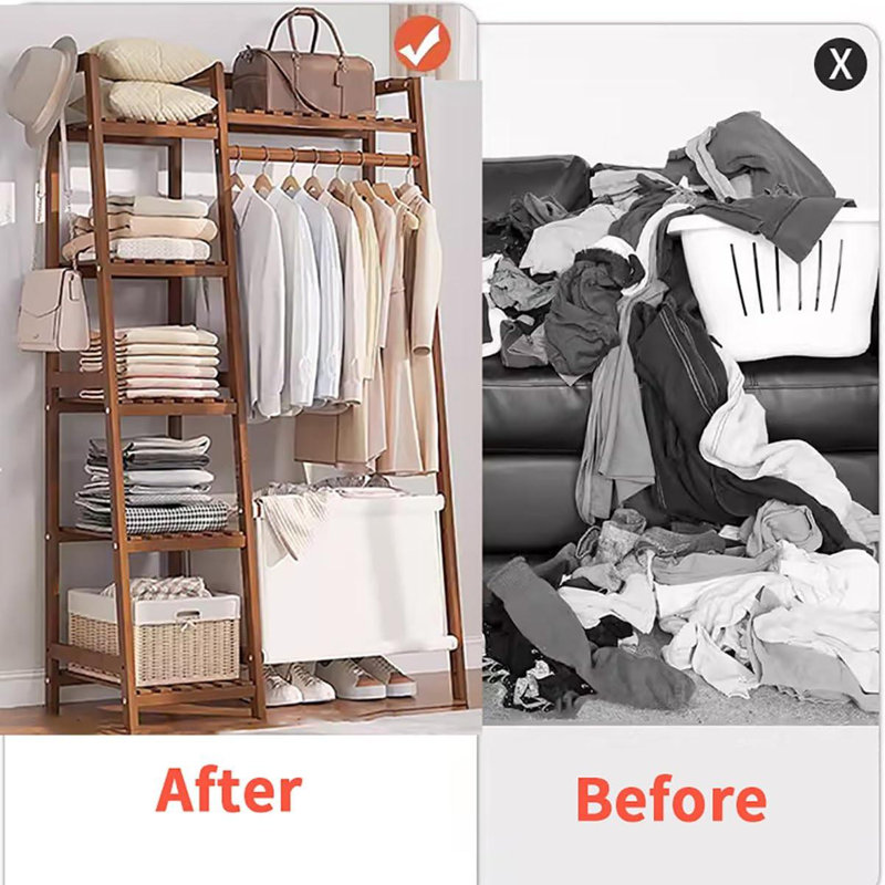 Portant à vêtements en bambou l 32 po avec tringle, tablettes de rangement et sac, Nature