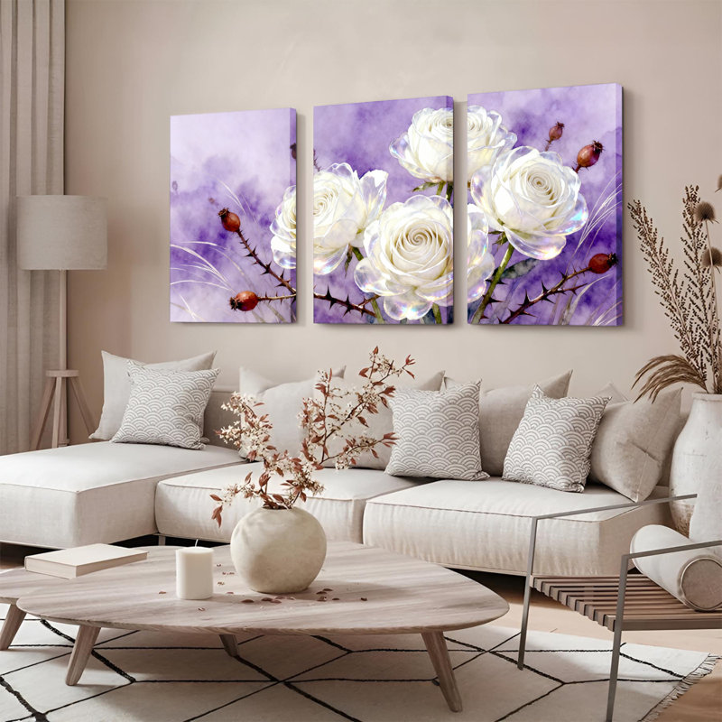 Ensemble de 3 toiles murales montées sur châssis représentant des roses blanches sur fond violet, H 24 po x l 48 po