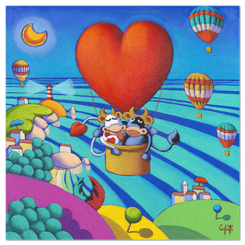 Bull And Cow In Hot Air Balloon by Stefano Calisti - No Frame Painting on Glass, 65cm H x 65cm W