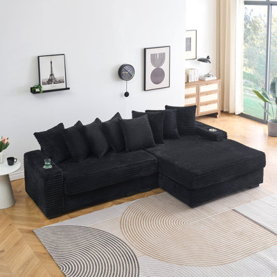 Canapé en velours côtelé noir de 111,4 po, accoudoir avec porte-gobelet et fonction de rangement, fauteuil inclinable pouvant être changé à gauche et à droite, convenant au salon, à la chambre à coucher et au salon