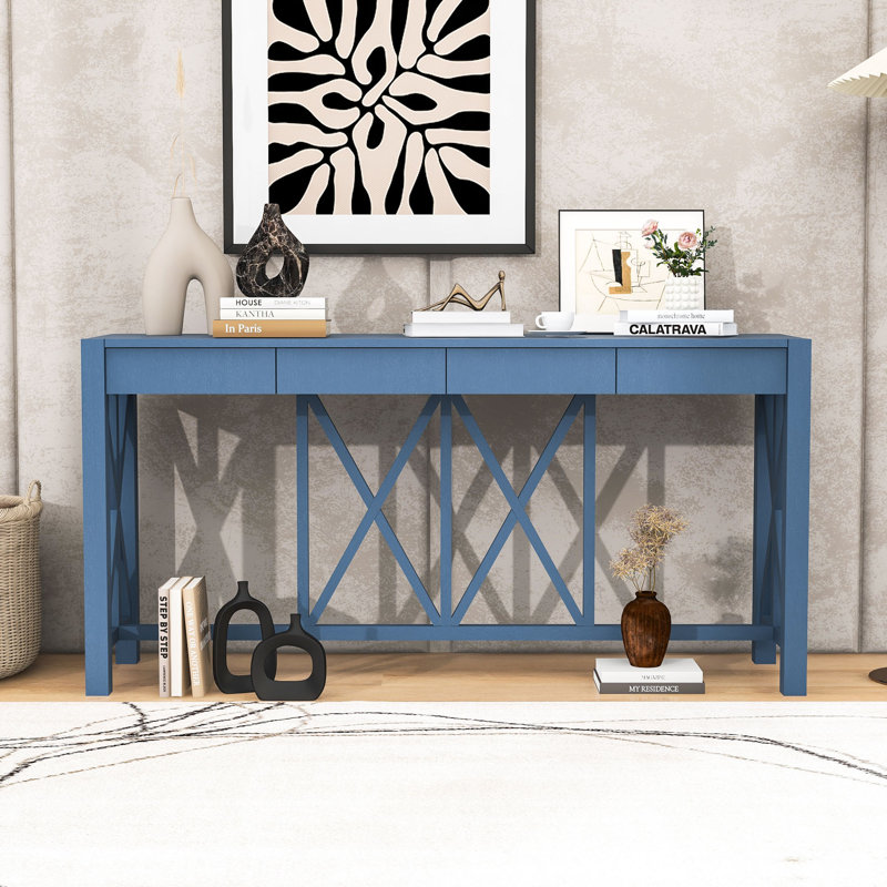 60-Inch Wood Console Table with Spacious Drawers, X-Leg Design, Navy Blue