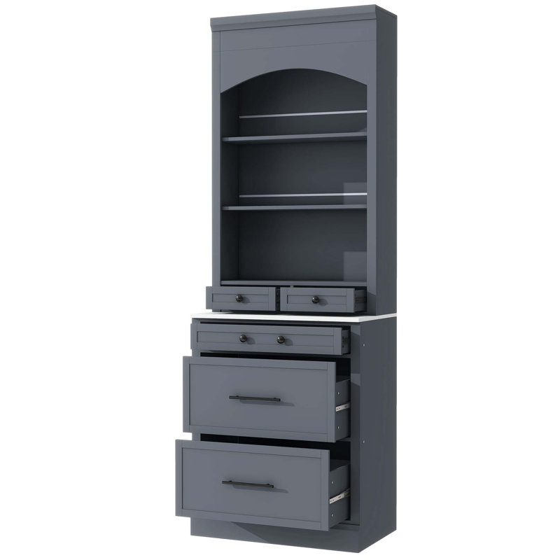 [Assembly Video Provided] TOPMAX Modern 83.7inch High Kitchen Pantry, Freestanding Tall Kitchen Hutch with Faux Marble Top, Display Cupboard Cabinet with 5 Storage Drawers and Adjustable Shelf