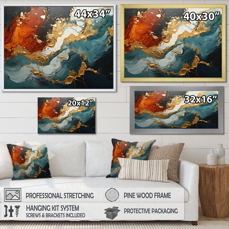 Tempête de marbre bleu et doré I - art mural abstrait, Cadre flottant noir, H 16 po x l 32 po x P 1 po