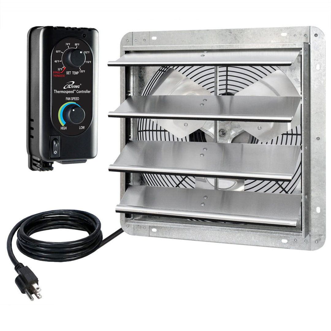 iLIVING ILG8SF16V-ST 16" Wall Mounted Shutter Exhaust Fan, Automatic Shutter, with Thermostat and Variable Speed controller, 0.85A, 1200 CFM, 1800 SQF Coverage Area Silver iLIVING