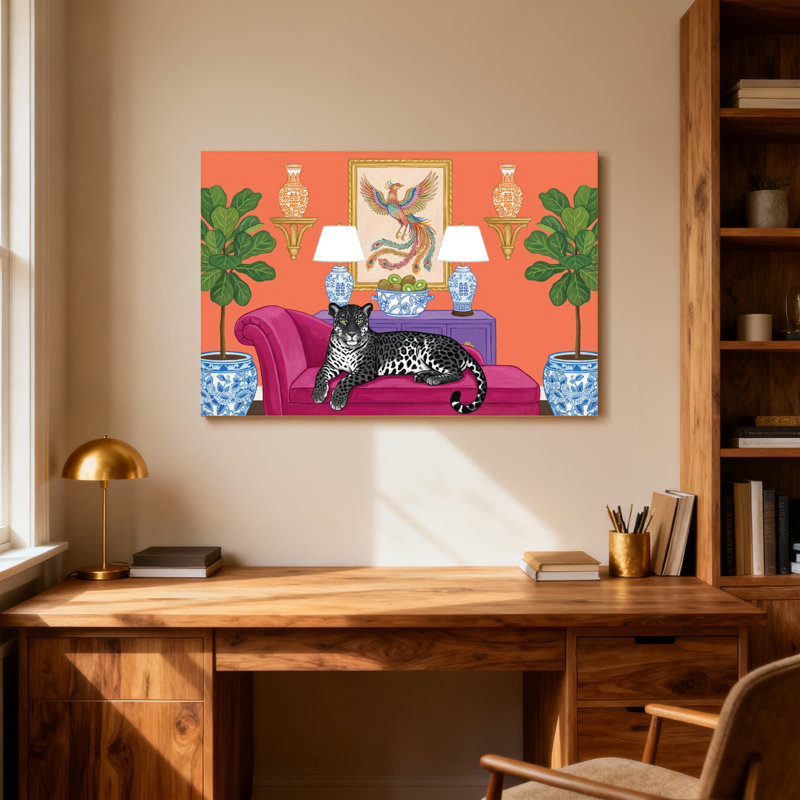 Animaux léopard sur canapé rose avec plantes et vases, 16" H x 24" W