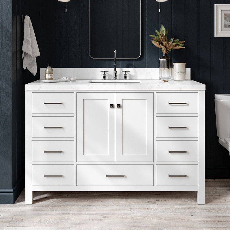 Cambridge 54'' Solid Wood Single Bathroom Vanity in White, with 1.5'' Carrara White Quartz Top, Center, Rectangle Sink