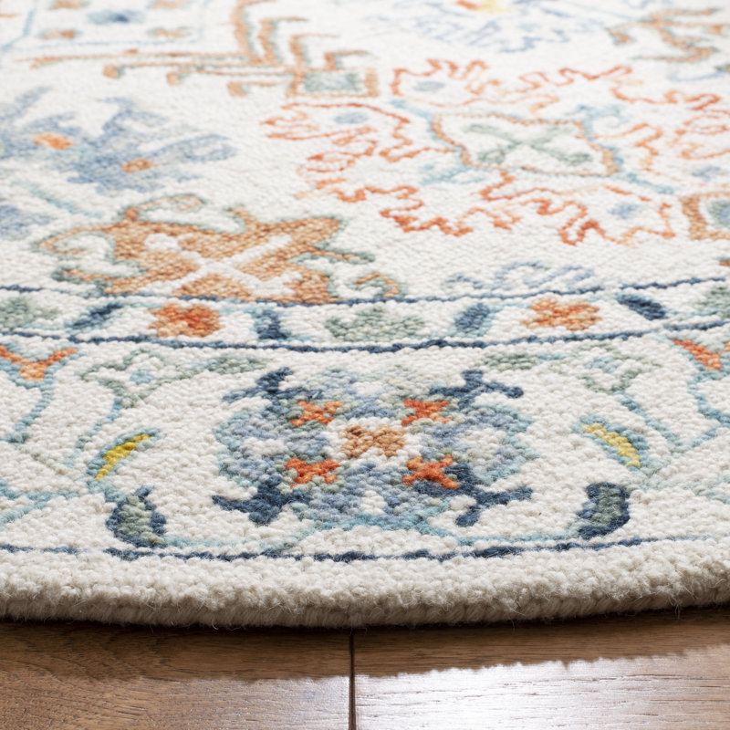Vahakn Hand Tufted Wool/Cotton Oriental Rug in Orange/Ivory/Blue, Square 3'