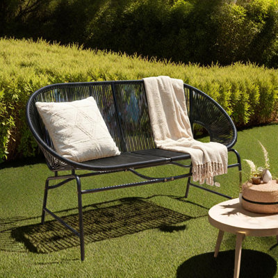 Outdoor Patio Wicker Loveseat With Iron Frame, Curved 2-Seater Lounge Bench