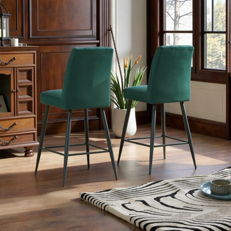 Tabourets de bar modernes réglables en velours vert avec pieds en fer (ensemble de 2) - parfaits pour la cuisine, le bar ou la salle à manger