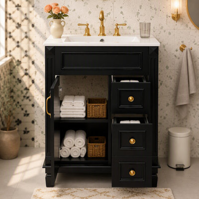 Meuble-lavabo 24 po avec lavabo en céramique, petite armoire de salle de bain moderne, 2 tiroirs et tablette réglable