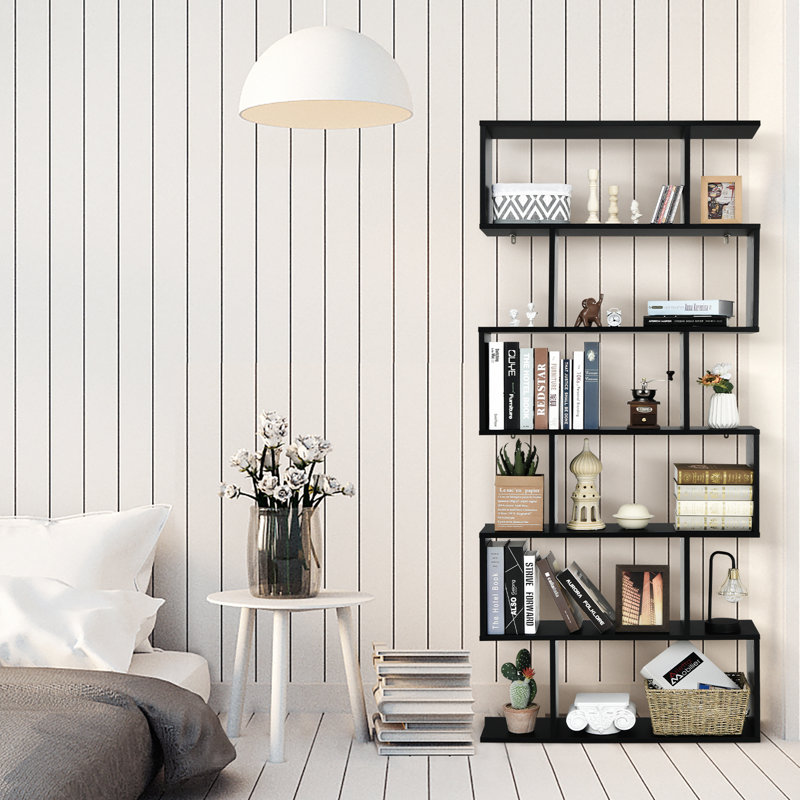 Nafeeza 192cm H x 80cm W Geometric Bookcase, (6 Shelves) 192cm H x 80cm W x 23cm D"., Black