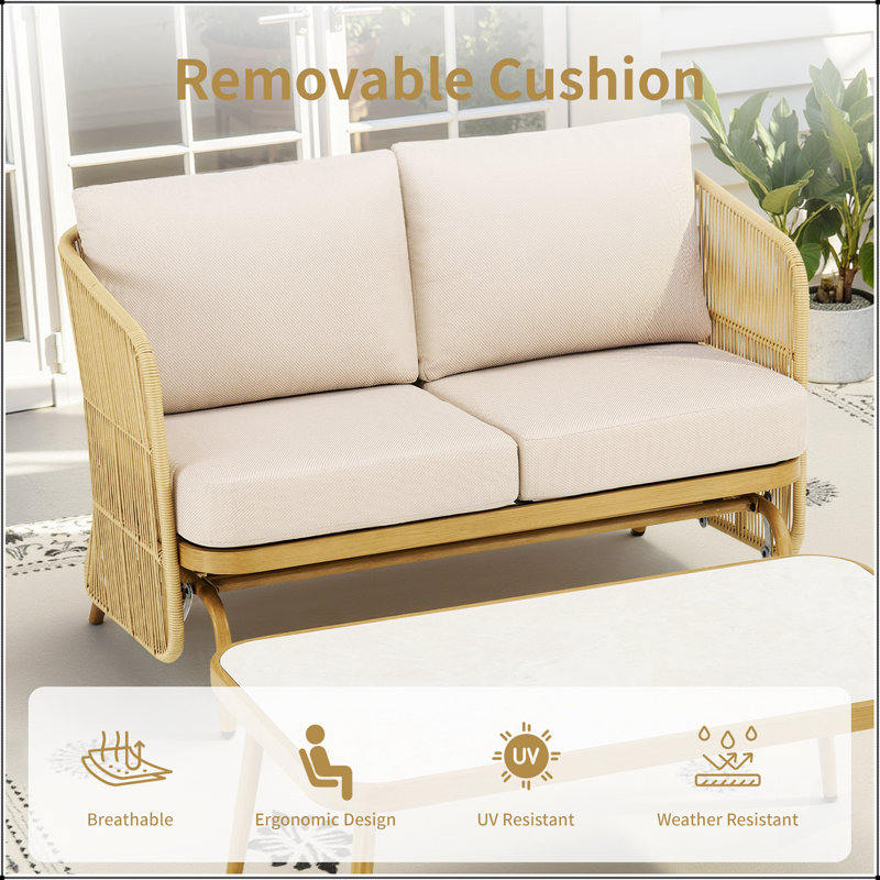 Causeuse coulissante en rotin PE pour 2 personnes avec table basse, ensemble de canapé d'extérieur avec coussins confortables (résistant aux intempéries)