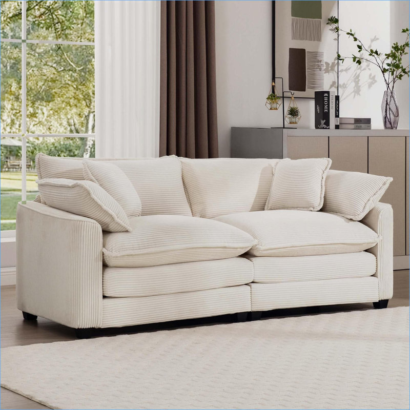Canapés-lits | Causeuse moderne à 2 places, assise profonde avec 4 coussins, pour salon | Beige | Velours côtelé