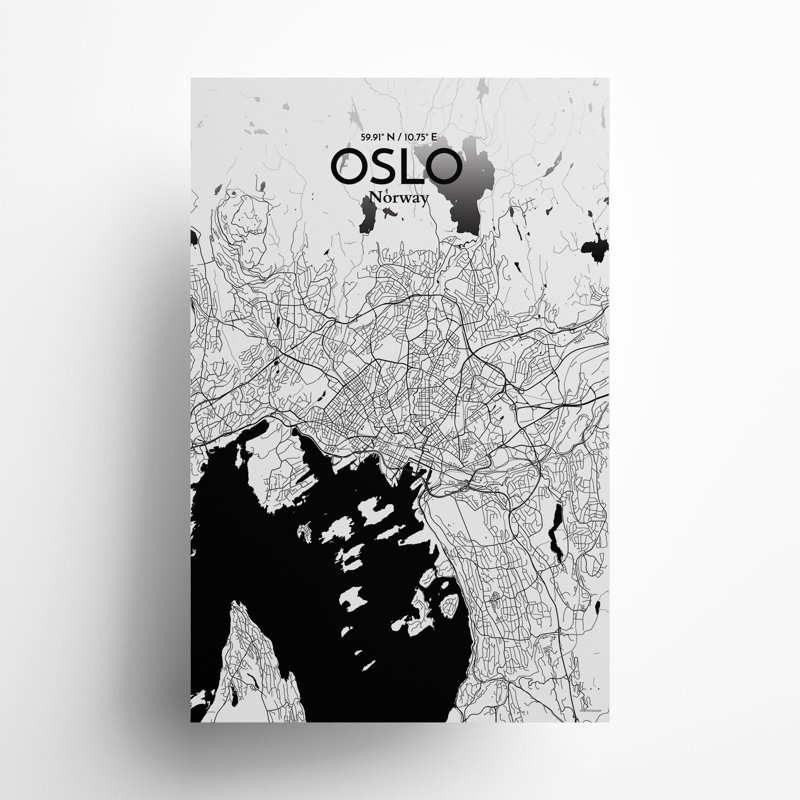 Oslo, carte de la ville, impression, H 17 po x l 11 po, Noir et blanc