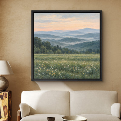 Misty Blue Mountain Sunrise with Wildflower Meadow Wall Art Decor Framed On Canvas Print