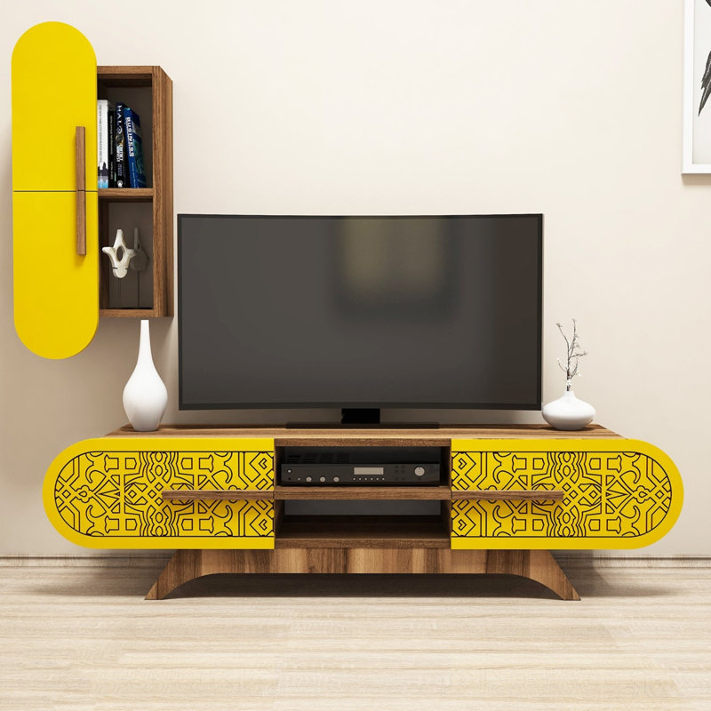 Meuble télé moderne avec tablette murale, noyer et jaune, 57,1 po x 14,6 po x 13,8 po | 100% panneau de particules enduit de mélamine, épaisseur: 0,7 pouce | Conception géométrique, nombreuses tablettes, fixation murale, élégante et fonctionnelle