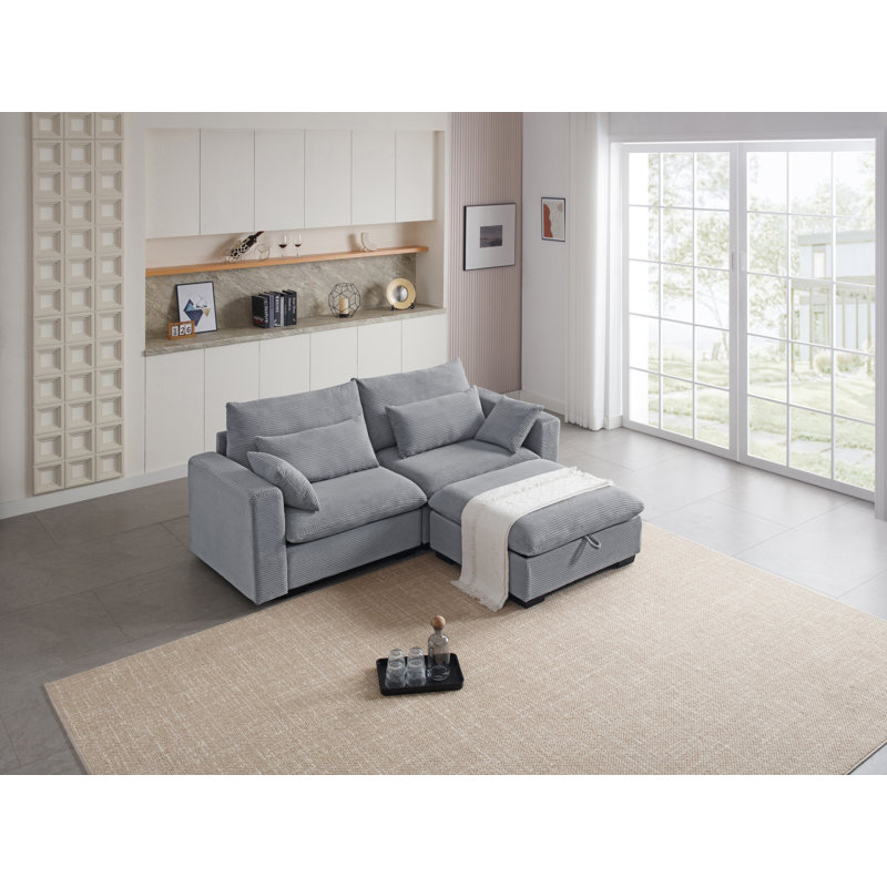 Canapé modulaire avec repose-pieds réversible Ablo, Velours côtelé gris pâle