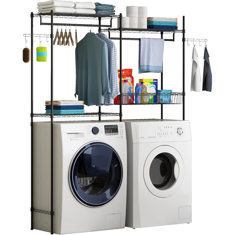 Laundry Room Clothes Drying Rack, Over The Washer and Dryer Storage Shelf, Clothes Drying Rack with Laundry Hamper and Hooks