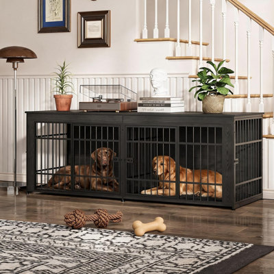 78.7" Wood Dog Kennel Furniture, Divider Crate End Table with Lockable Doors for Large Medium Breeds