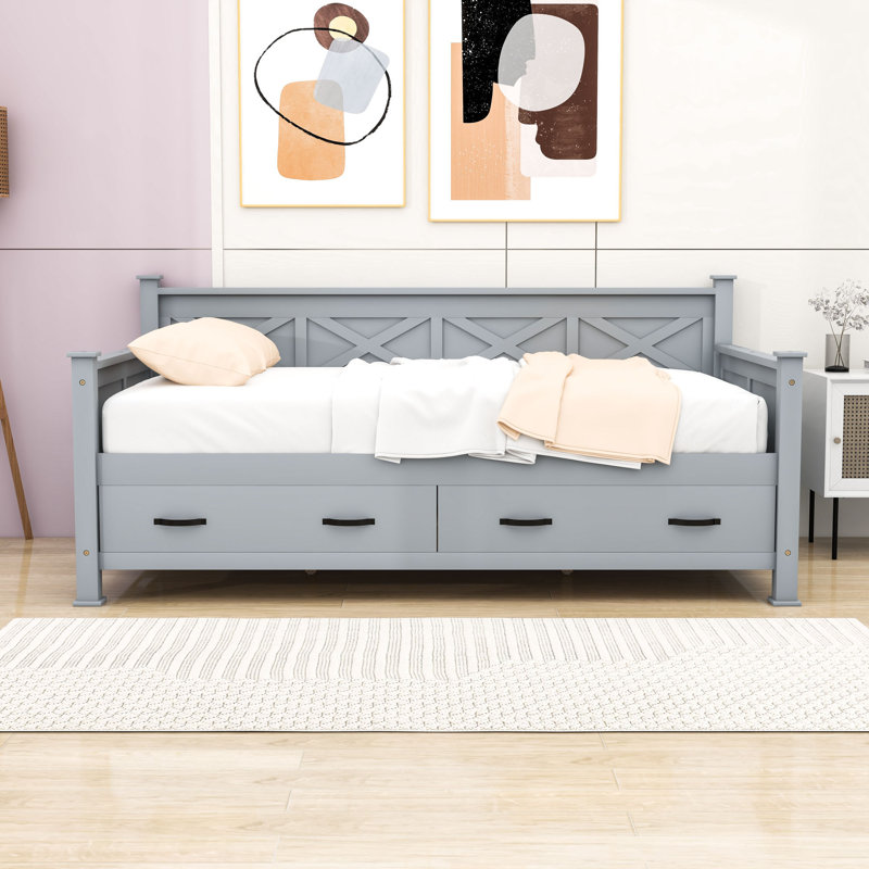 Twin Size 2 Drawers Wooden Daybed, Gray
