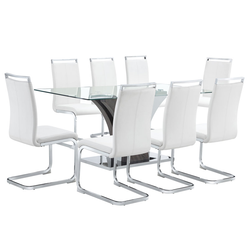 Harada 9-Piece 71" Rectangular Tempered Glass Dining Set with Metal Pedestal and Faux Leather Cantilever Chairs, White