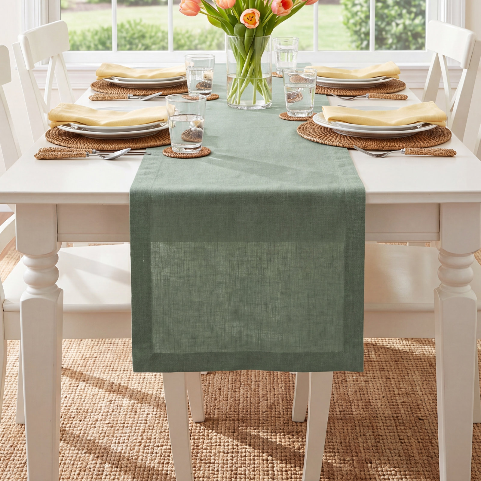 100% Linen Table Runner, 18" W x 90" L, Green