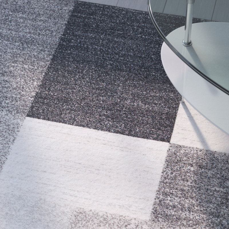 Tapis gris, noir et blanc touffeté à motif géométrique Akieba, Tapis de couloir de 2 pi x 7 pi
