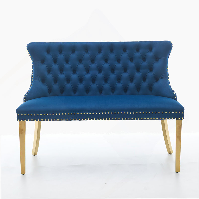 Velvet Double Dining Loveseat Bench, Kitchen & Dining Seating, 2-Seat Tufted Bench W/Handmade Buttons, Wing Back, Gold-Plated Steel Legs, Mid Century Modern,Single Pack,Blue