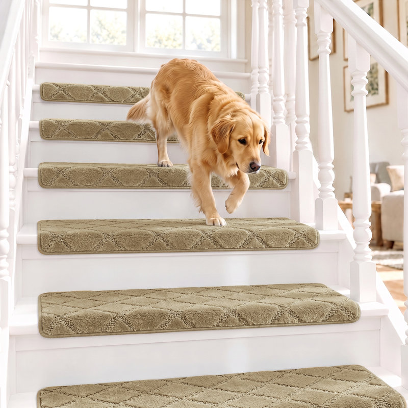 14 pièces de tapis d'escalier antidérapant pour escalier en bois Bullnose 9,5 po x 30 po, Losange, Kaki