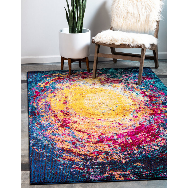 Tapis abstrait jaune / mauve Eddins, Rectangle 10 pi 6 po x 16 pi 5 po