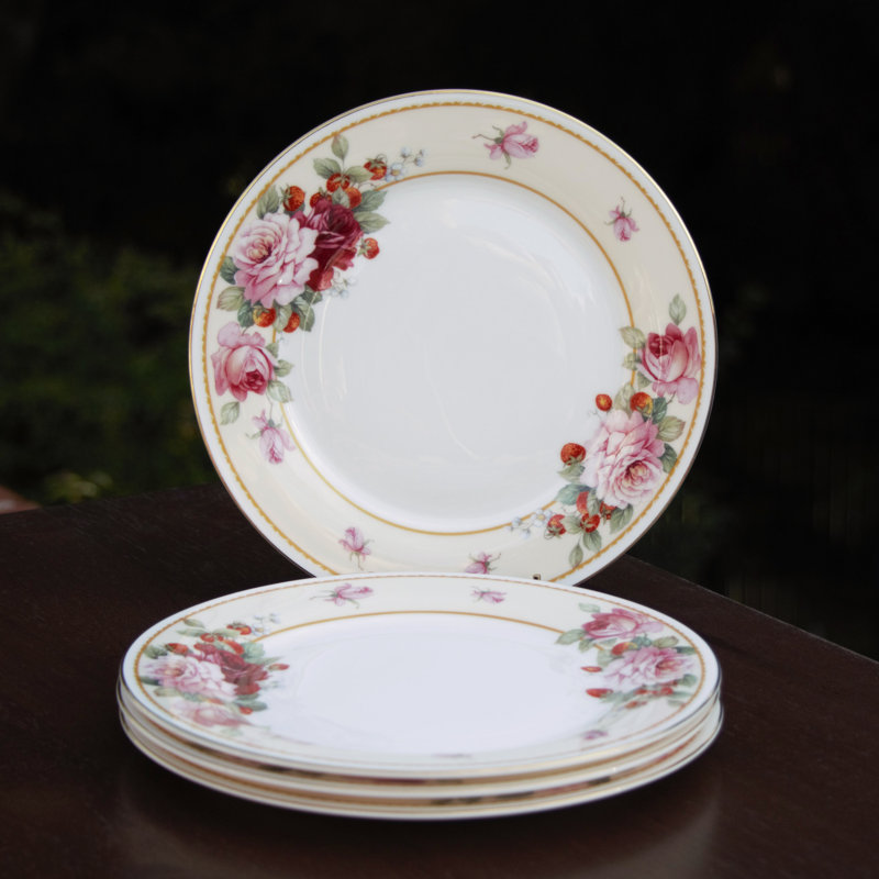 Peony Strawberry Cream Bone China Dessert Plate, Set Of 4