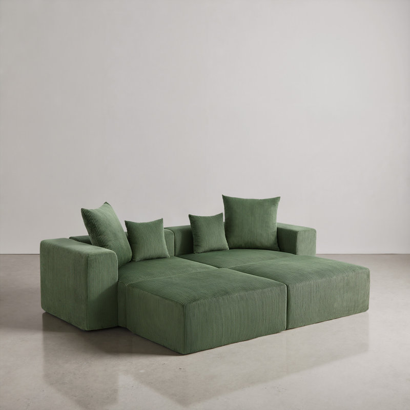 4-Piece Upholstered Corduroy Modular Sectional Sofa with Movable Ottoman – Fully Compressed, No Assembly Required, Green