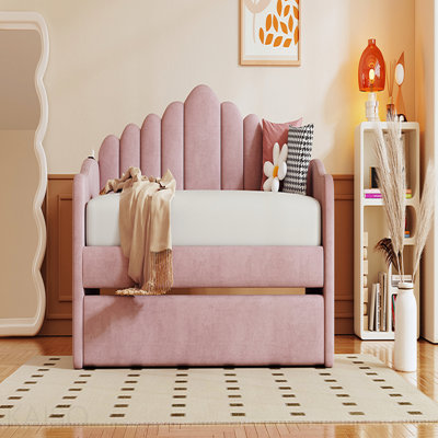 Structure de lit de jour simple rembourré avec couchette, canapé-lit en velours avec ports de charge USB, aucun sommier nécessaire, rose