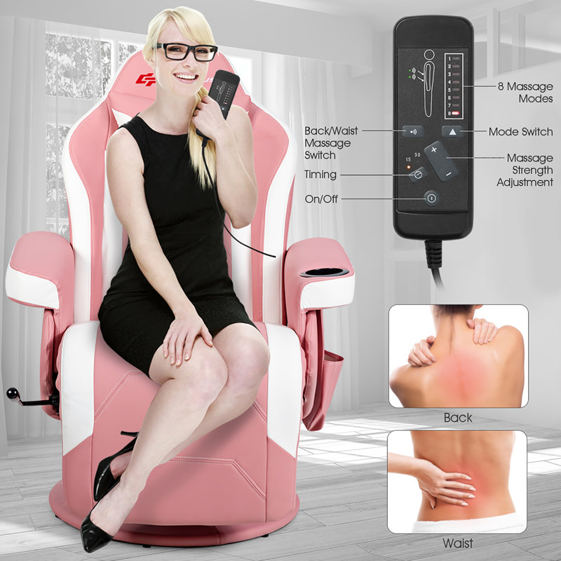 Pink and White PU Leather Reclining Gaming Chair with Footrest