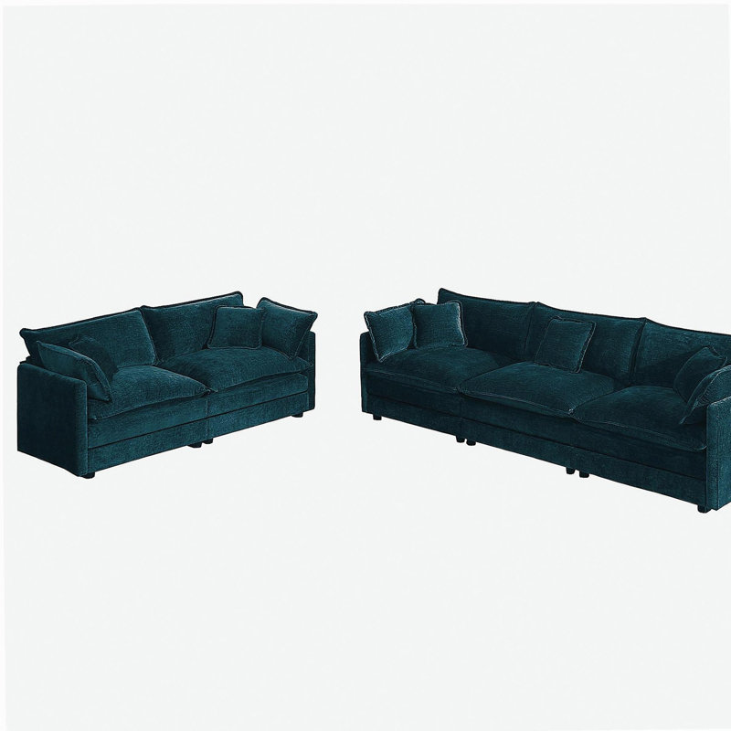 Ensemble de canapés: 2 canapés en chenille, ensemble de canapés à 2 places et 3 sièges profonds, ensemble de canapés modernes pour le salon, chenille bleue