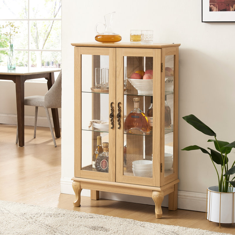 Vitrine Curio avec charme rétro et dossier en miroir lumineux, Chêne