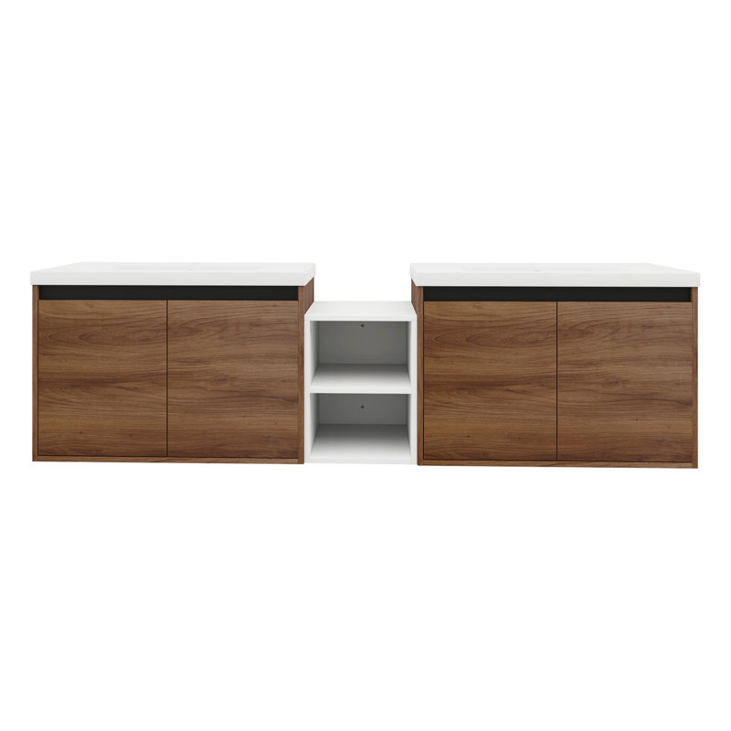 72 Inch Wall Mounted Bathroom Vanity with Resin Countertop Sink, and 1-Storage Shelves Combination, 4-Soft Closing Doors (KD-Packing)