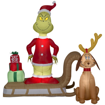 Christmas Inflatable Grinch and Max Sled Scene with Gift Stack